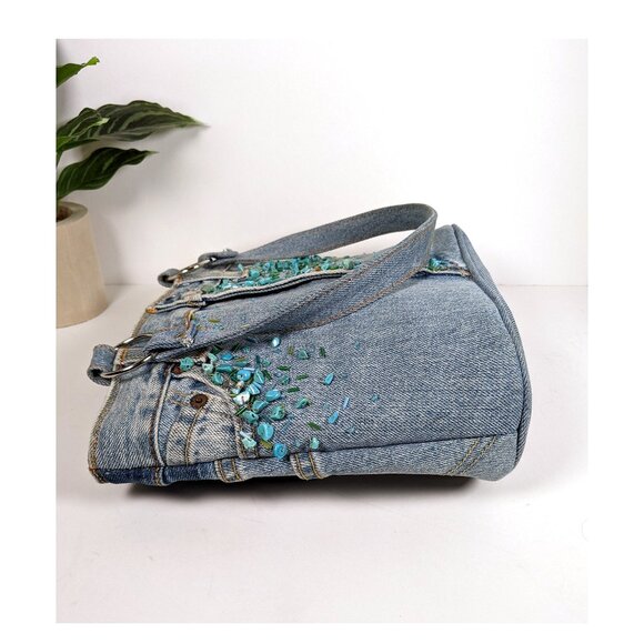 VTG Hand & Heart Walnut CA Hand MadeTURQUOISE Stones DENIM SHOULDER Bag BEADED - Picture 7 of 11